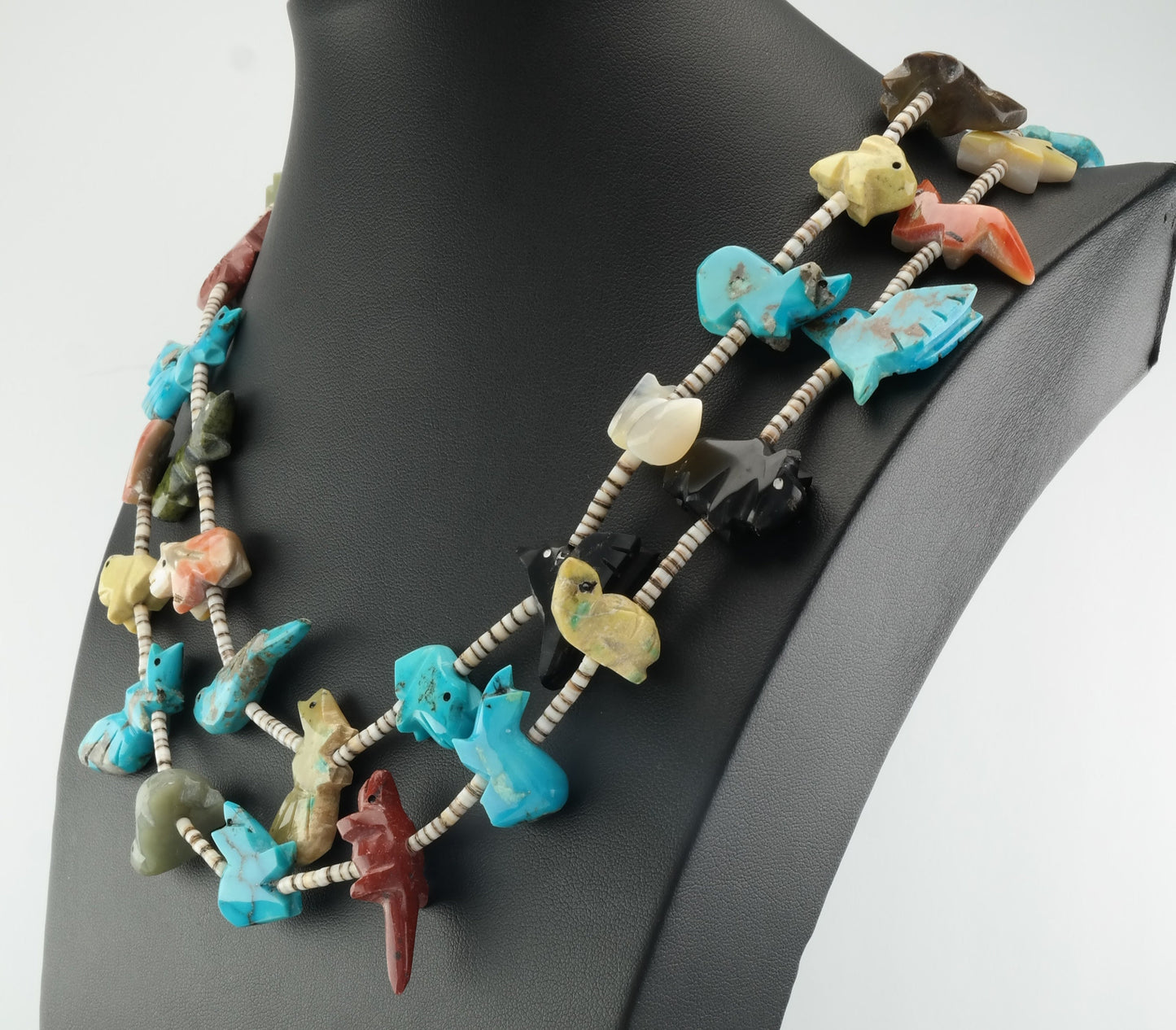 Vintage Zuni Turquoise, Multi Gem, Animal Carvings, Heishi, Bead, Sterling Silver Necklace