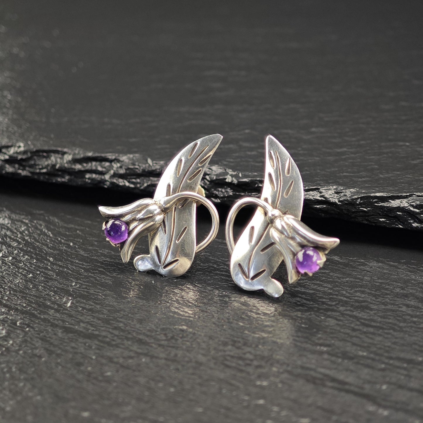 Taxco Amethyst Floral, Screw Back Earrings Sterling Silver