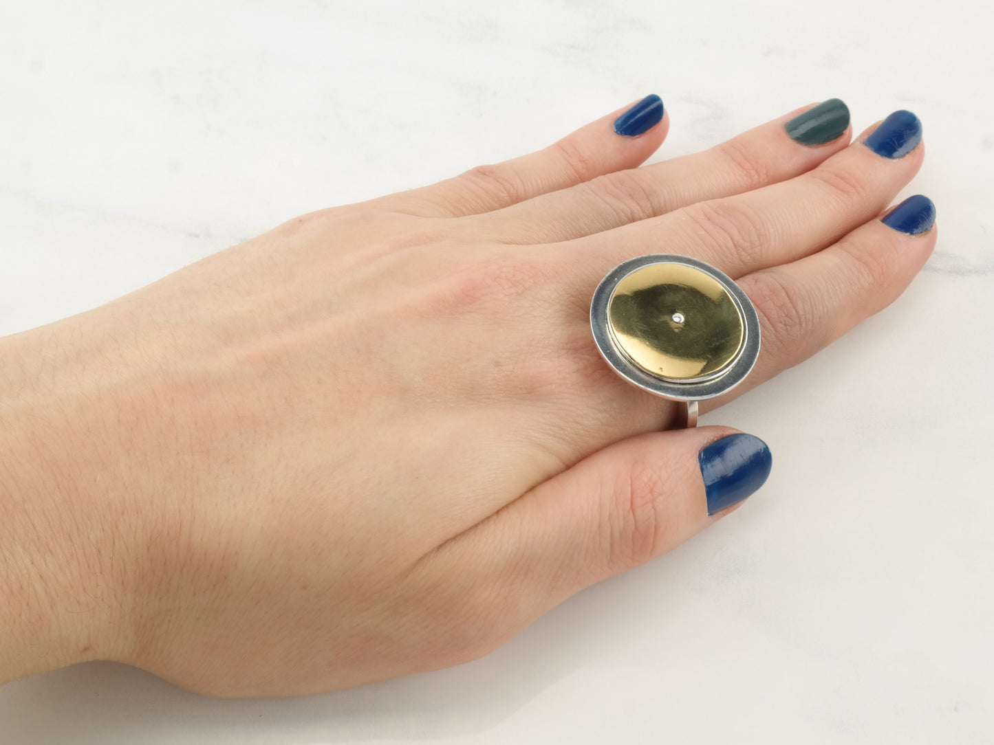 Vintage Modernist Ring Two Tone Disc Spinnable Sterling Silver Gold Tone Size 5 1/2