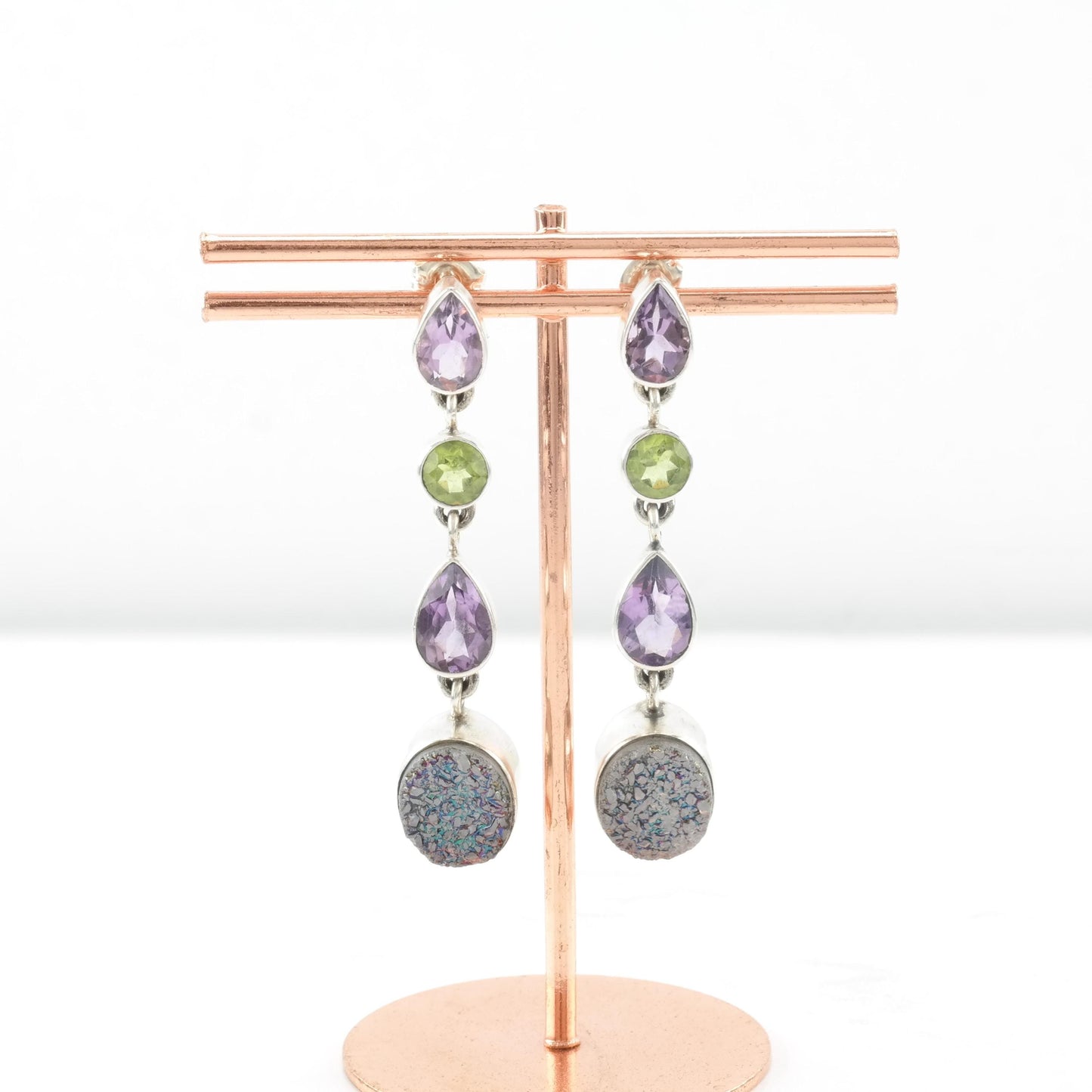 Vintage Nicky Butler Sterling Silver Stud Dangle Earrings Amethyst, Peridot Druzy