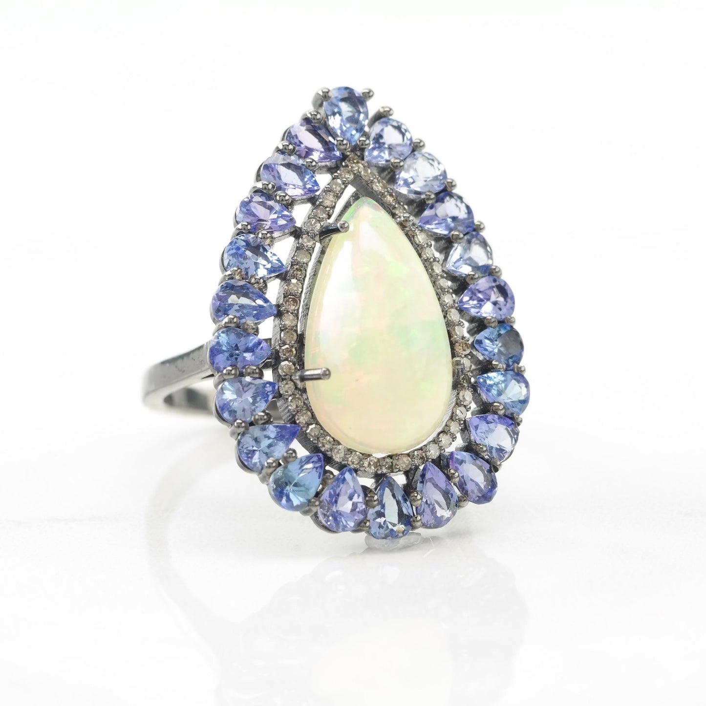 Oxidized Opal Tanzanite Diamond Silver Ring, Sterling