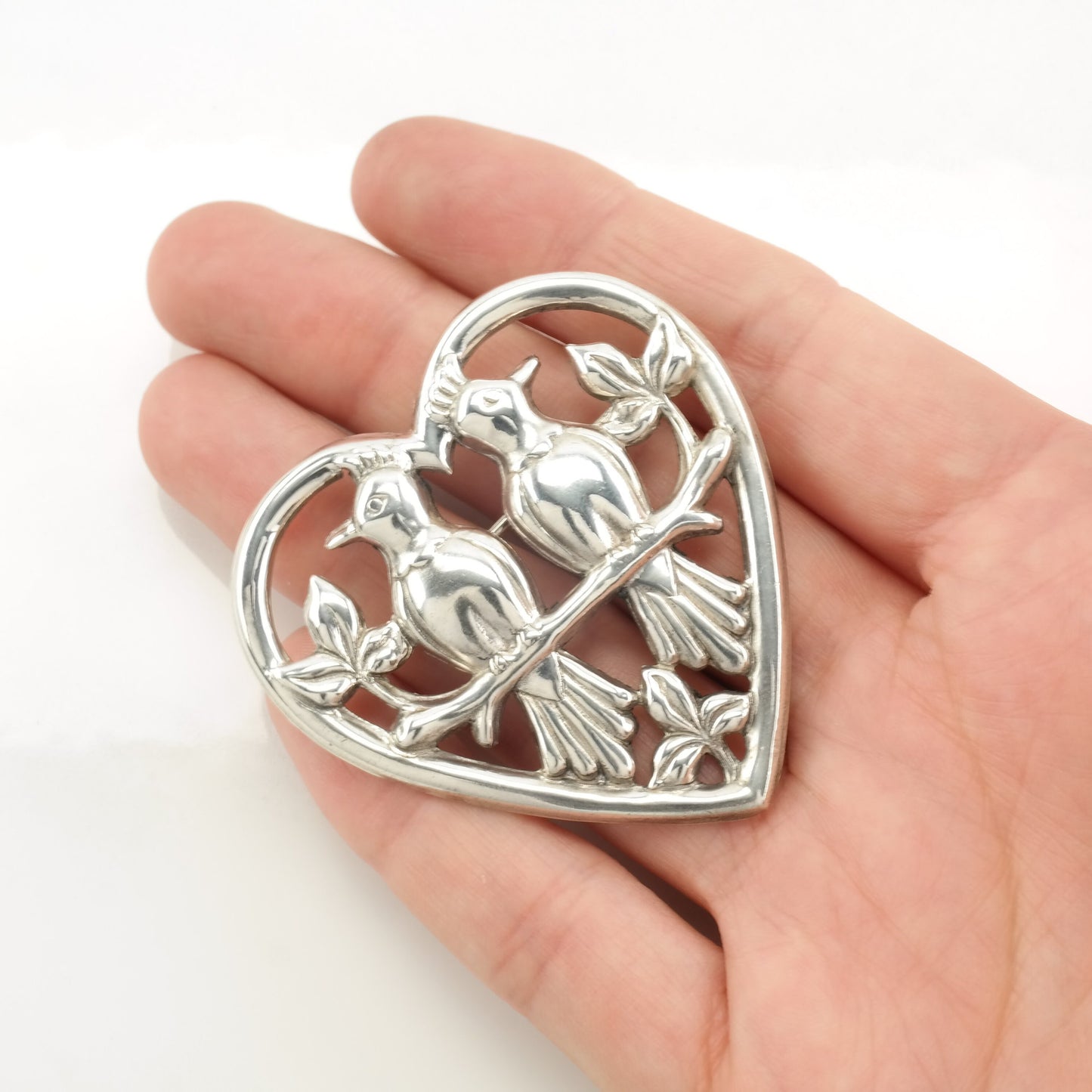 Coro Style Sterling Silver Brooch Heart Birds B1623