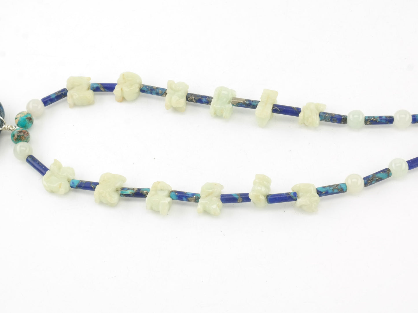 Vintage Sterling Silver & Jade Necklace | Carved Lapis Lazuli Dragon Pendant | White Jade Beads | Boho Chic | 24"