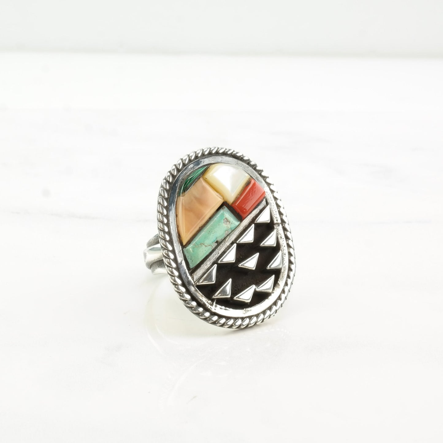 Hopi Sterling Silver Inlay Ring | Lula Bowannie | Vintage Native American Jewelry | Multi-Stone Ring | Size 9 3/4