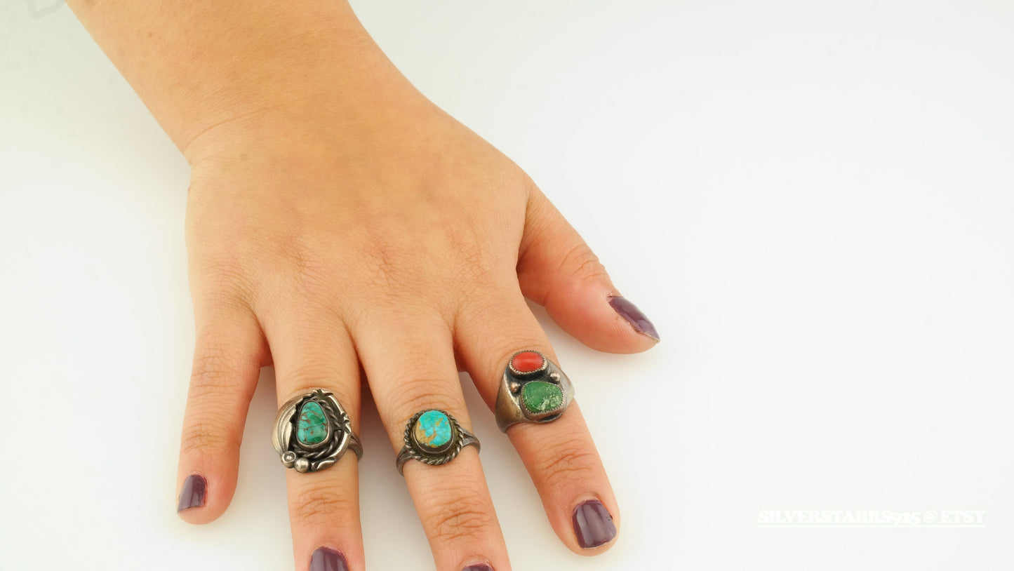 Sterling Silver Ring Cerillos Turquoise Coral Size 6.5