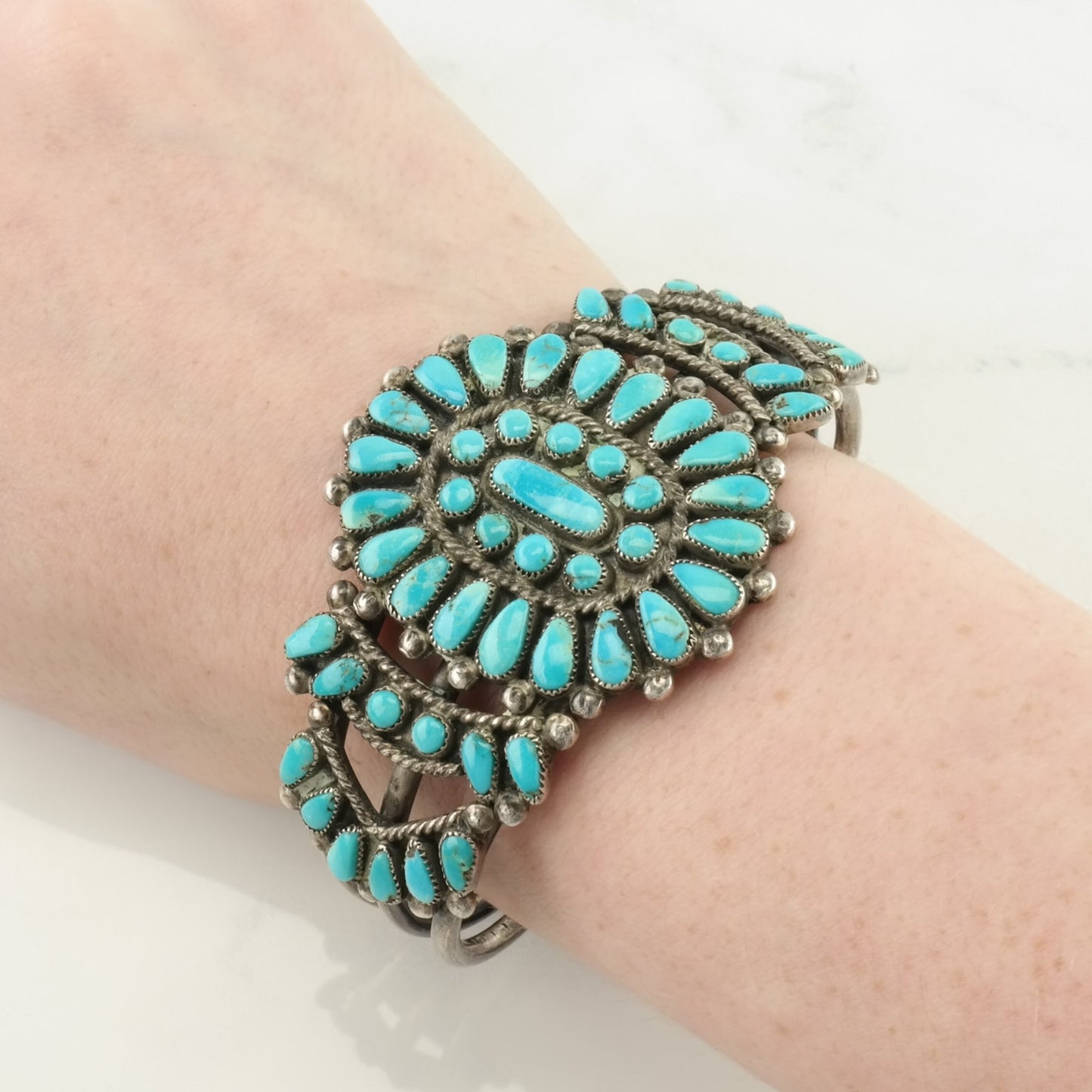 Vintage Native American Sterling Silver Cuff Bracelet Blue Turquoise, Petit Point Floral