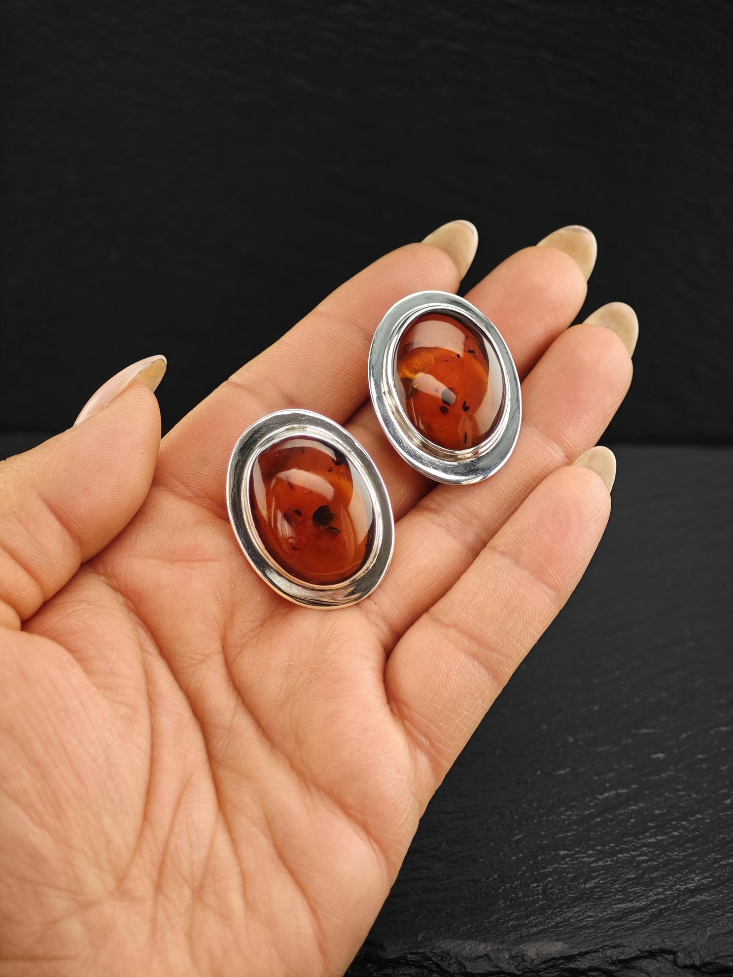 Large Modernist Amber Sterling Silver Clip On Earrings