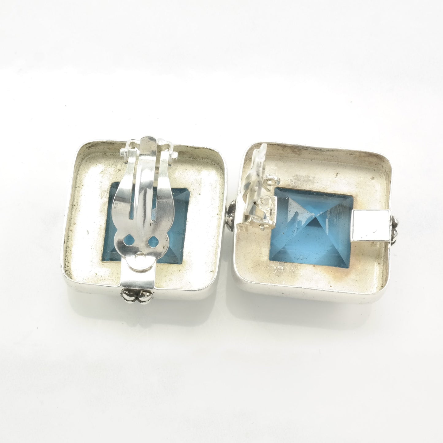 Modernist Sterling Silver Blue Large, Topaz Square Earrings Clip on