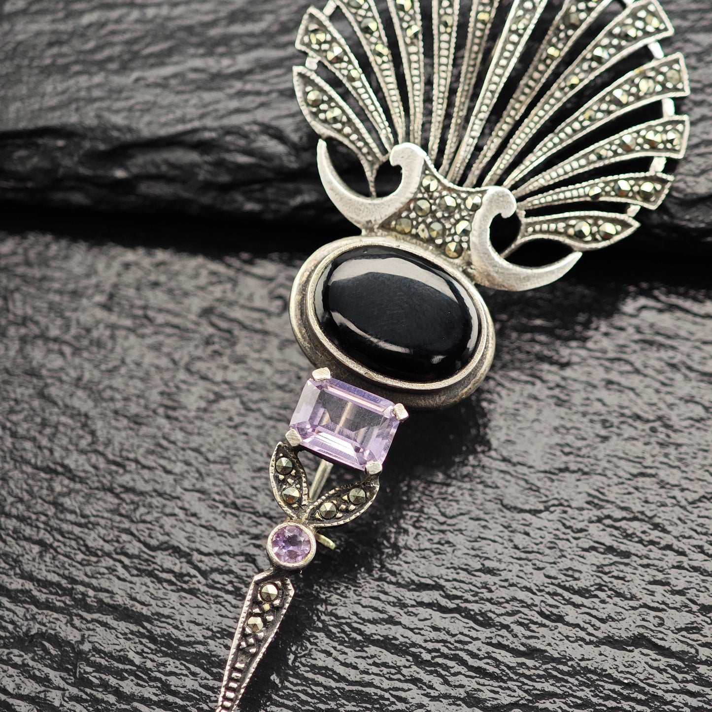 Art Deco Style Onyx, Amethyst, Marcasite Sterling Silver Brooch