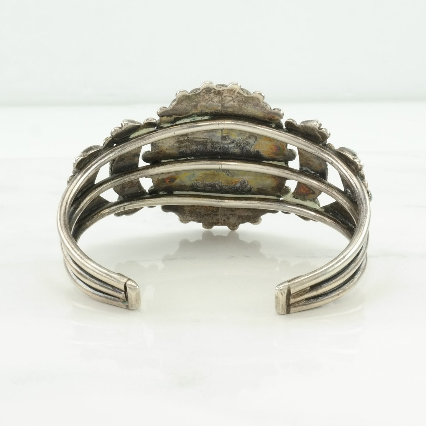 Vintage Native American Sterling Silver Cuff Bracelet Blue Turquoise, Petit Point Floral