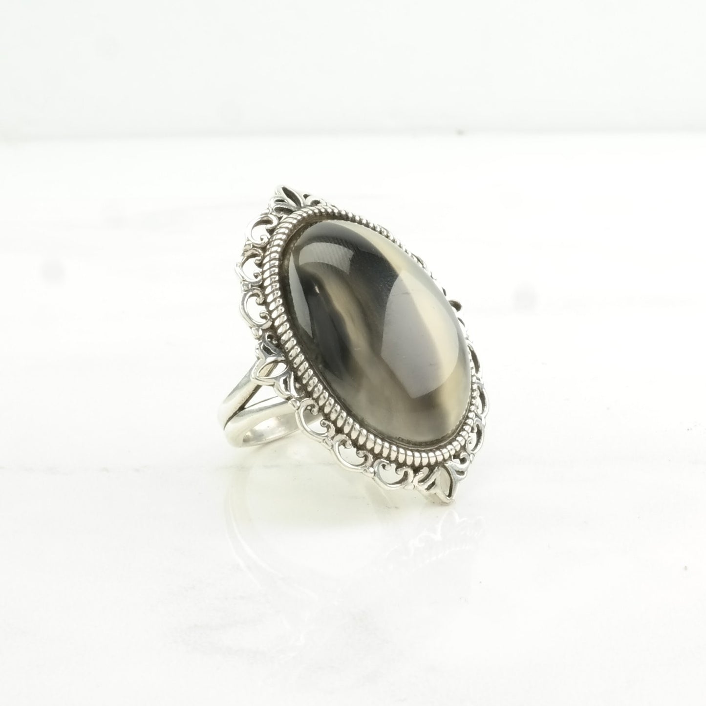 Vintage Sterling Silver Ring Agate Black, White Size 7