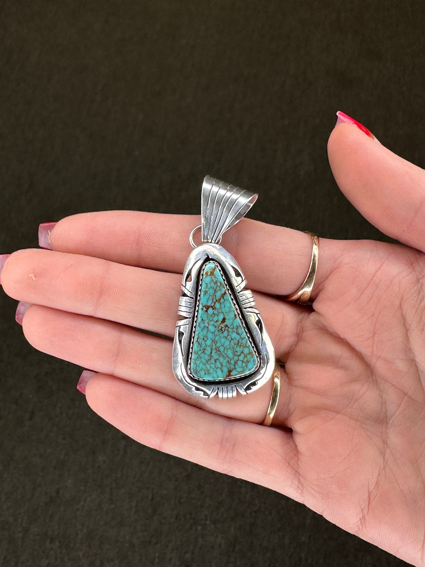 Vintage Native American Spiderweb Turquoise Triangle Sterling Silver Pendant