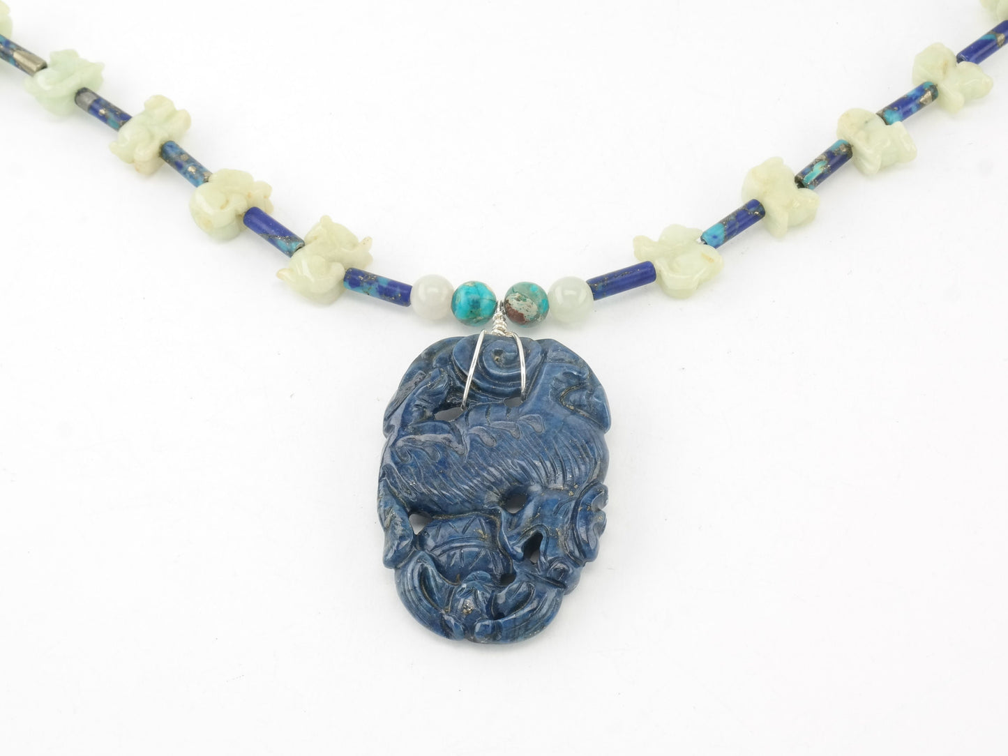 Vintage Sterling Silver & Jade Necklace | Carved Lapis Lazuli Dragon Pendant | White Jade Beads | Boho Chic | 24"