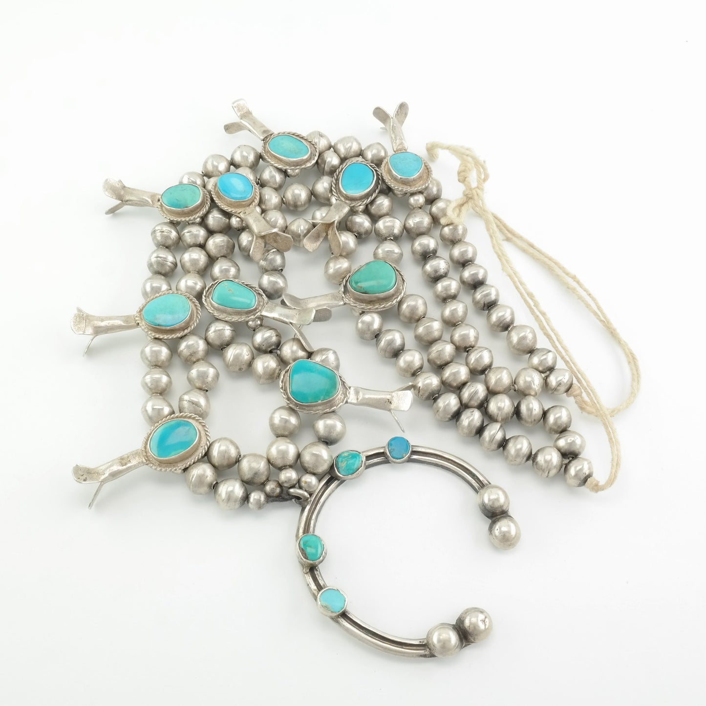 Antique Native American Sterling Silver Blue Turquoise Hand Made Beads Necklace Squash Blossom