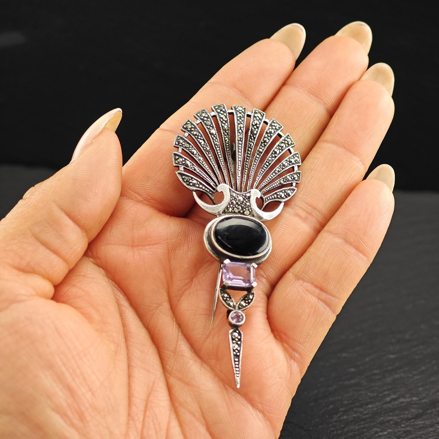 Art Deco Style Onyx, Amethyst, Marcasite Sterling Silver Brooch