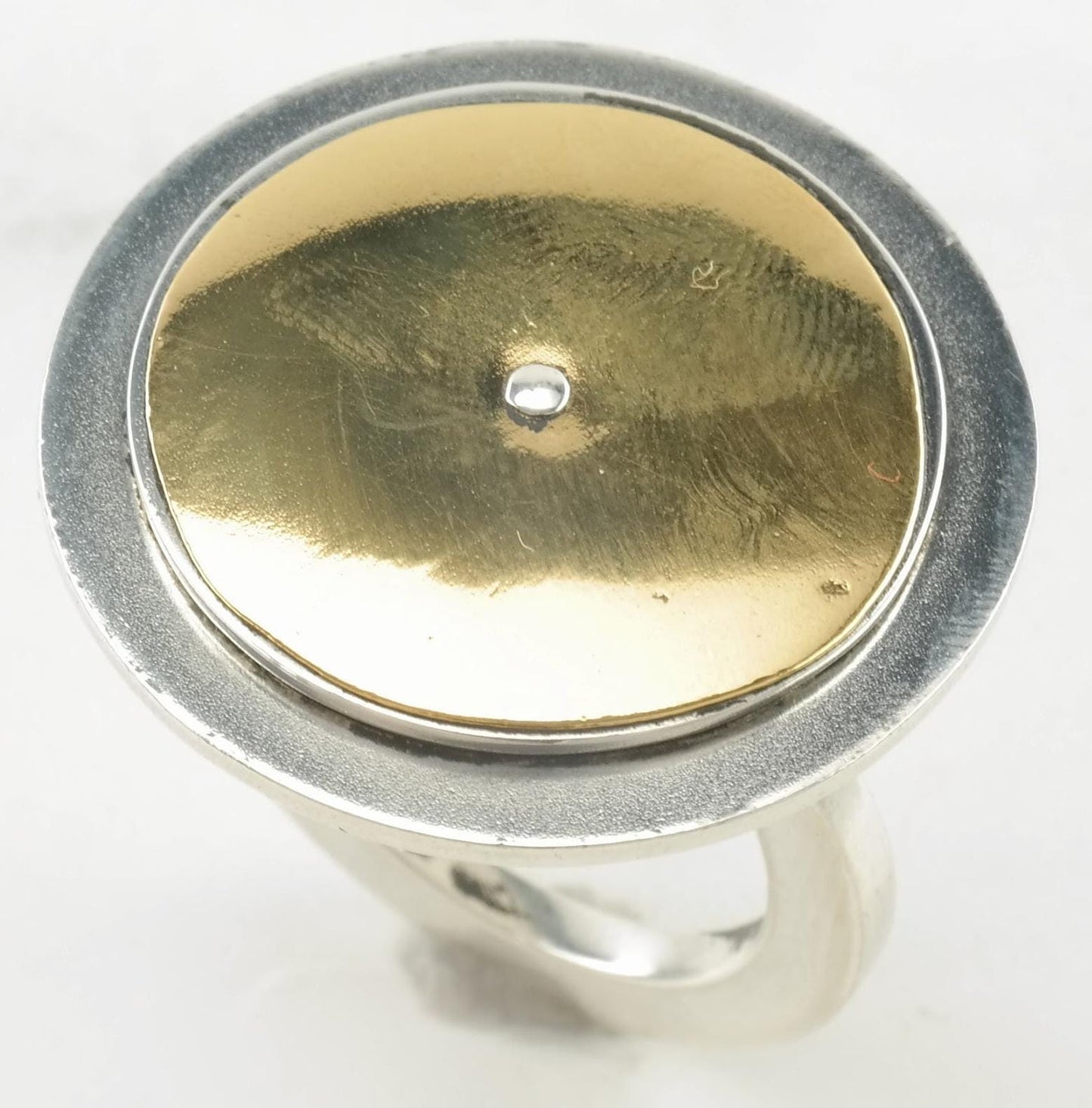 Vintage Modernist Ring Two Tone Disc Spinnable Sterling Silver Gold Tone Size 5 1/2