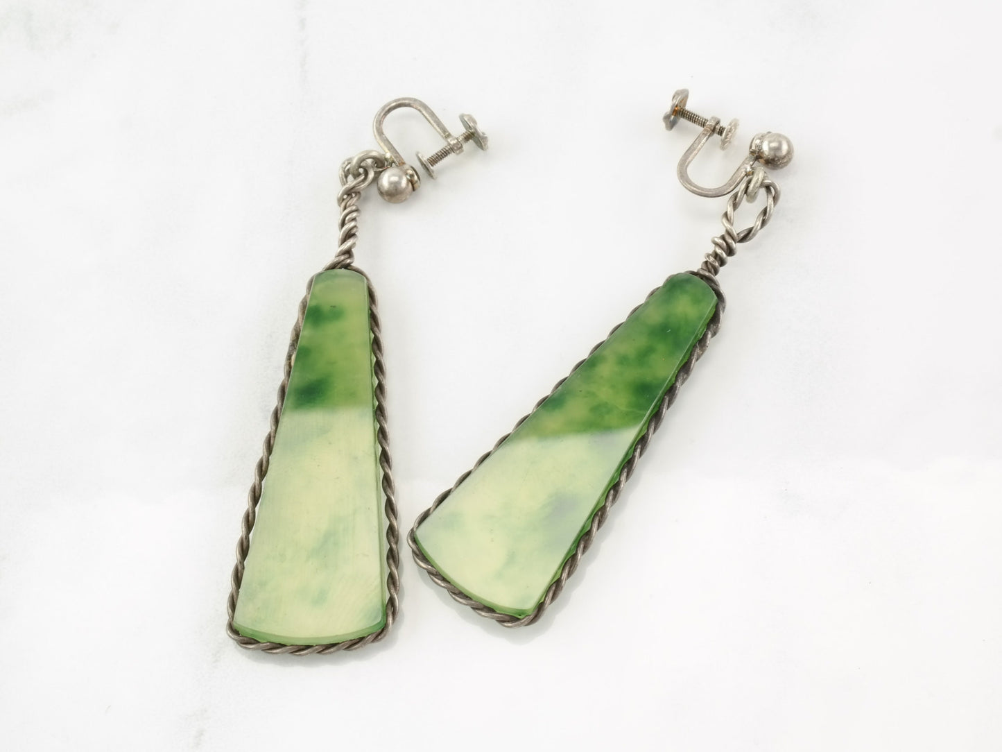 Vintage Green Jade Earrings | Sterling Silver Dangle Earrings | Art Deco Style | 1940s
