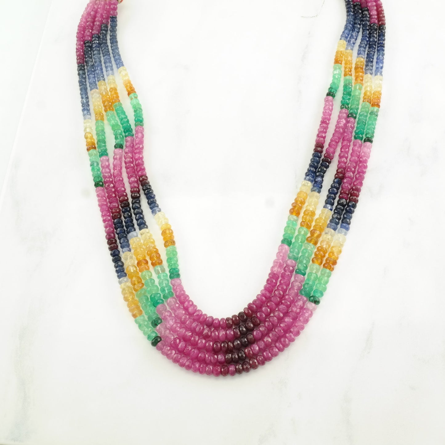 Vintage 500 ctw Rainbow Ruby, Sapphire, Citrine, Emerald 5 Strand, Bead Necklace