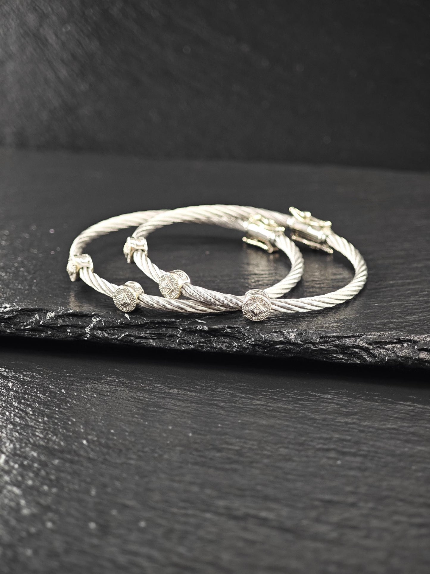 Set of two Charriol 18k Gold, Diamond Station Bangle Bracelet on Steel