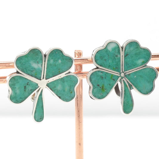Vintage Four Leaf Clover Screw Back Earrings Sterling Silver Gemstone Inlay