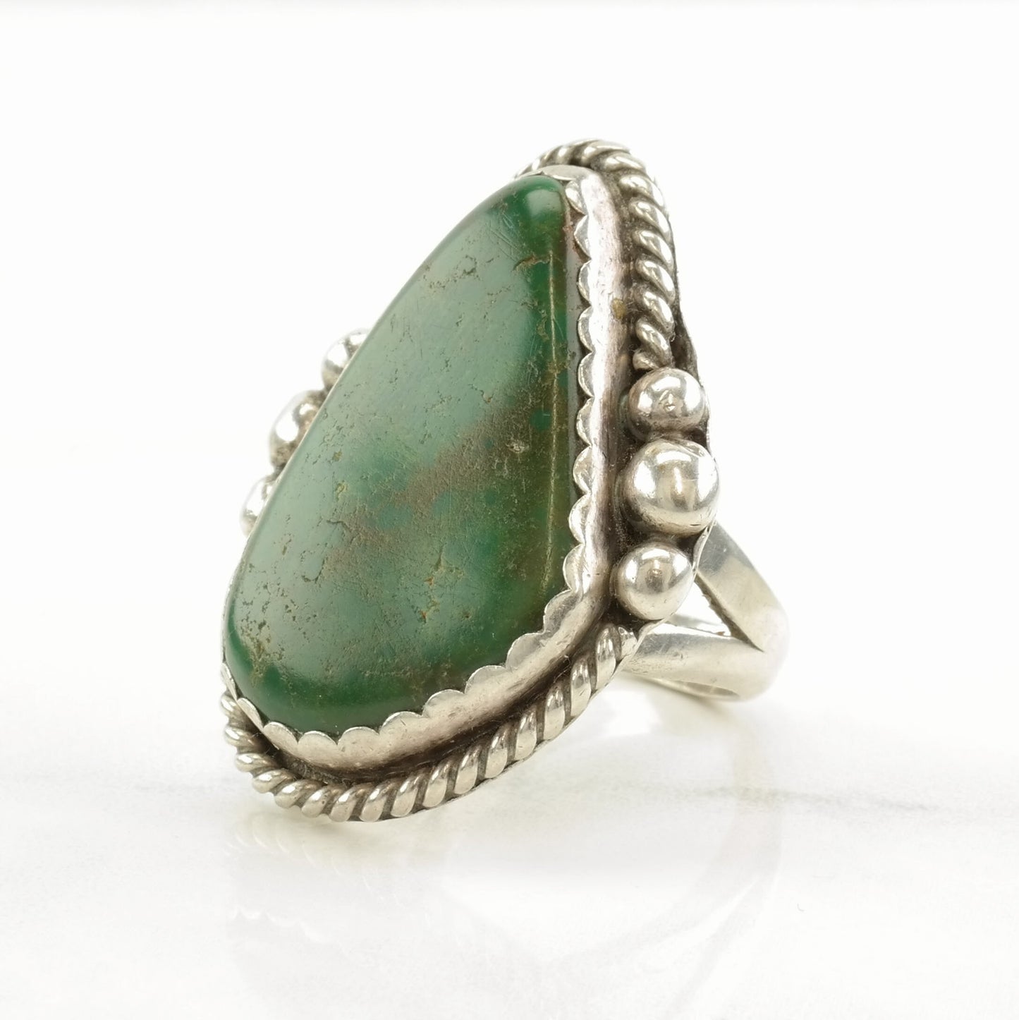Vintage Native American Sterling Silver Green Turquoise Ring, Size 11, 1970s Southwestern Jewelry, Statement Ring