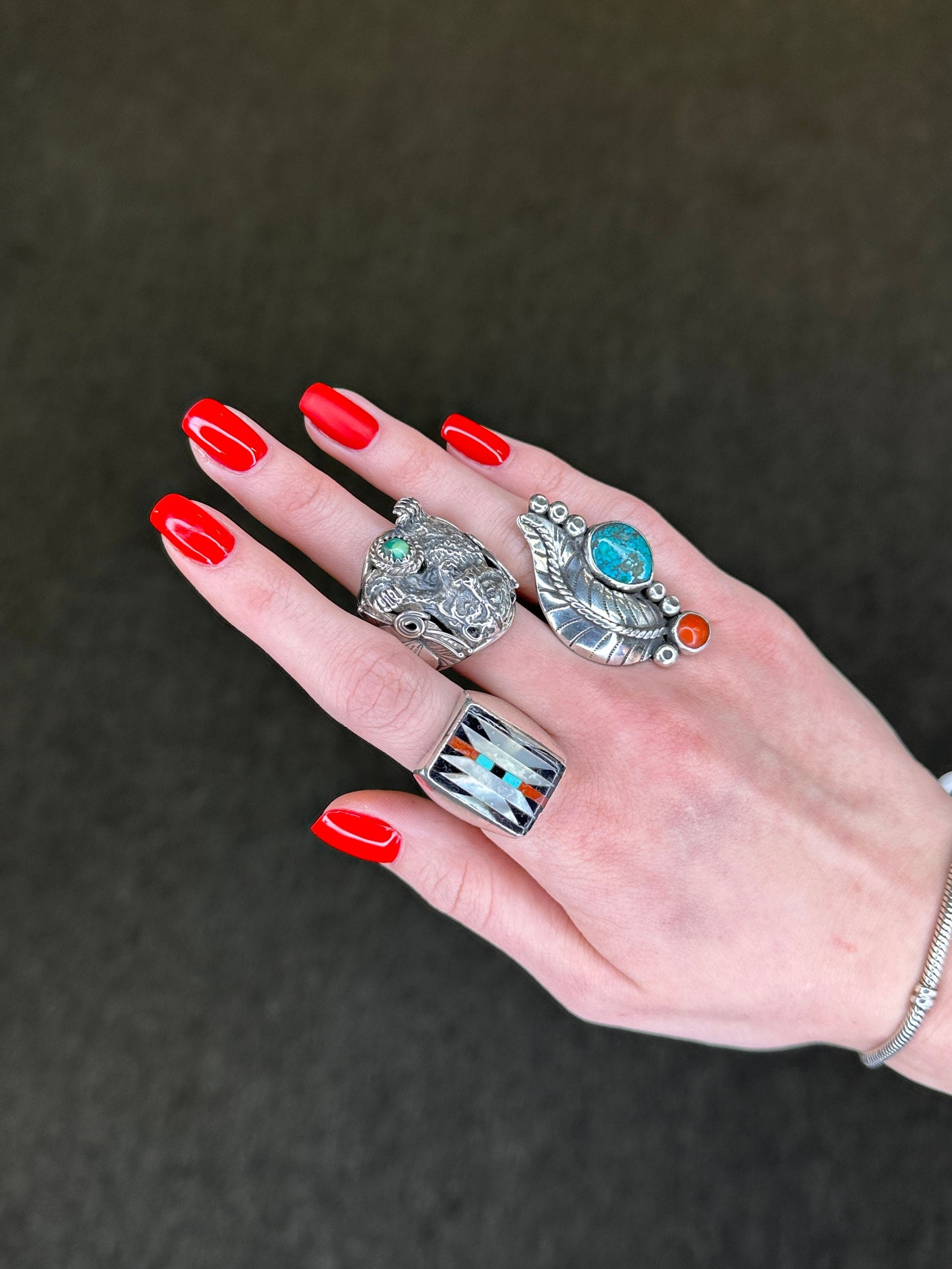 Vintage Native American Ring Turquoise, Coral Feather Sterling Silver Size 7 3/4