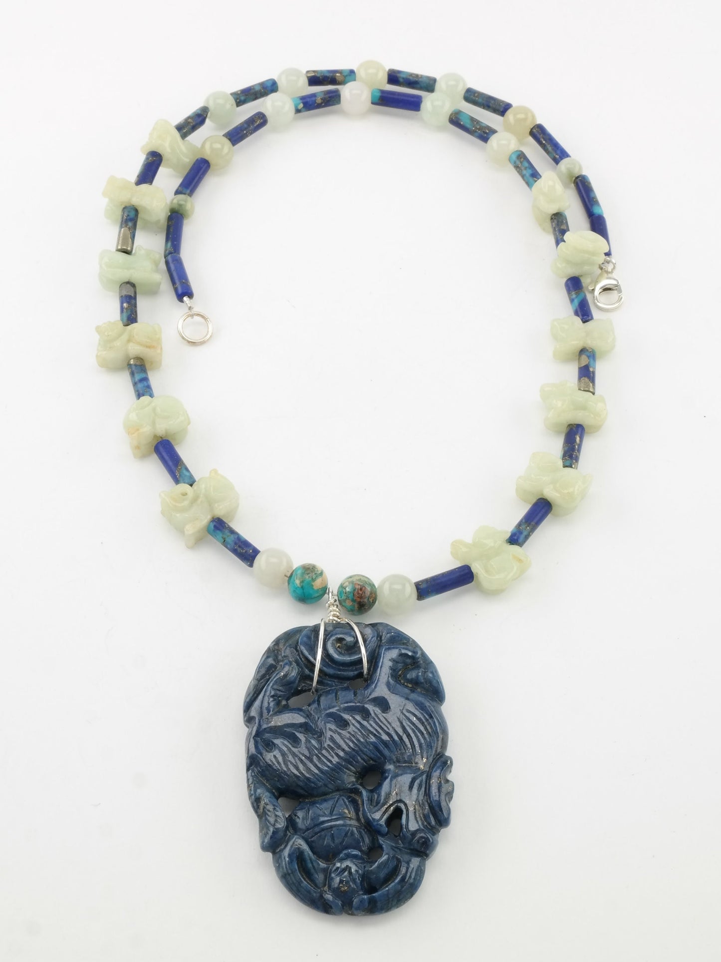 Vintage Sterling Silver & Jade Necklace | Carved Lapis Lazuli Dragon Pendant | White Jade Beads | Boho Chic | 24"