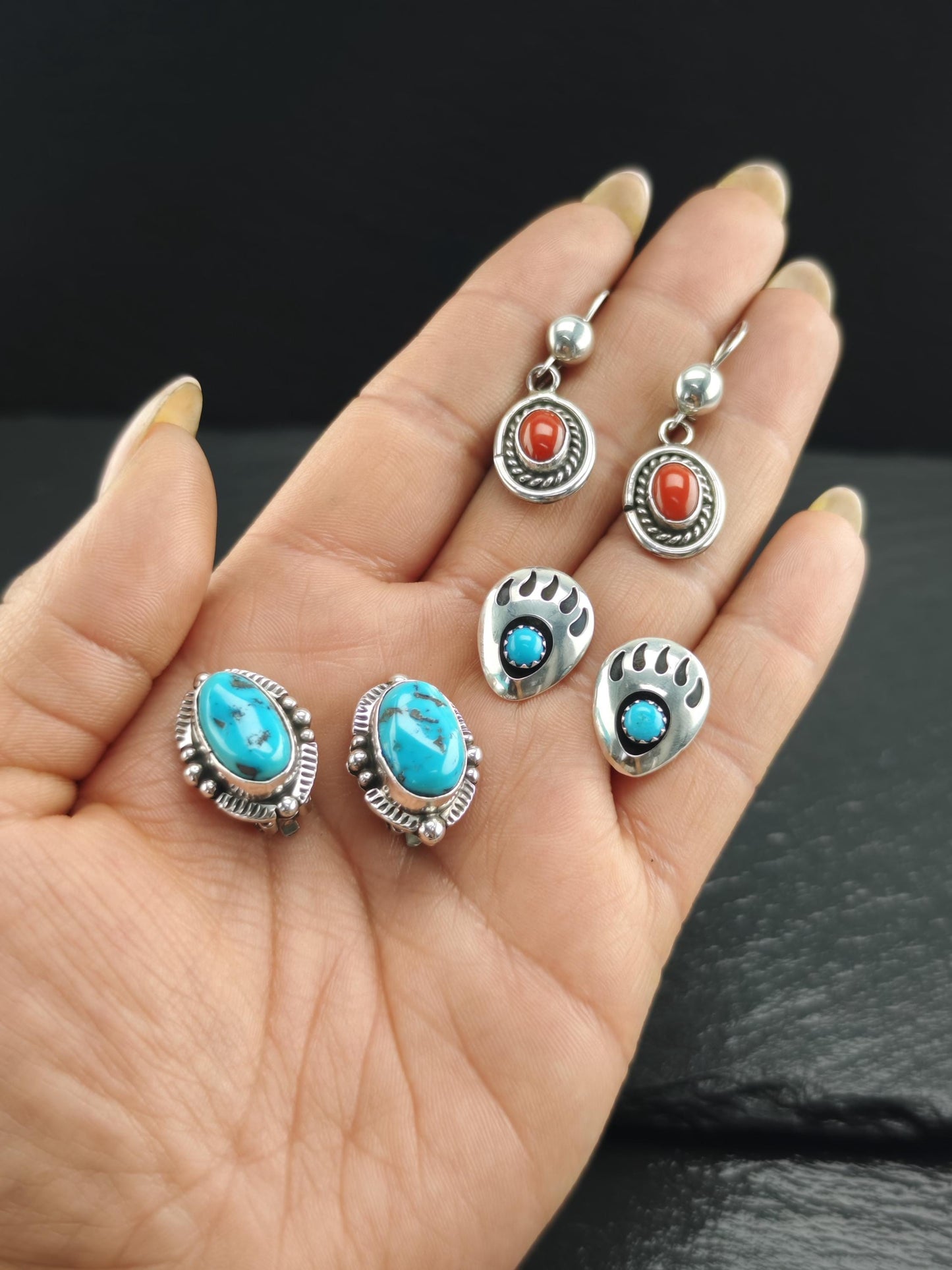 Native American Red Coral Oval Kidney Wire Earrings Sterling Silver
