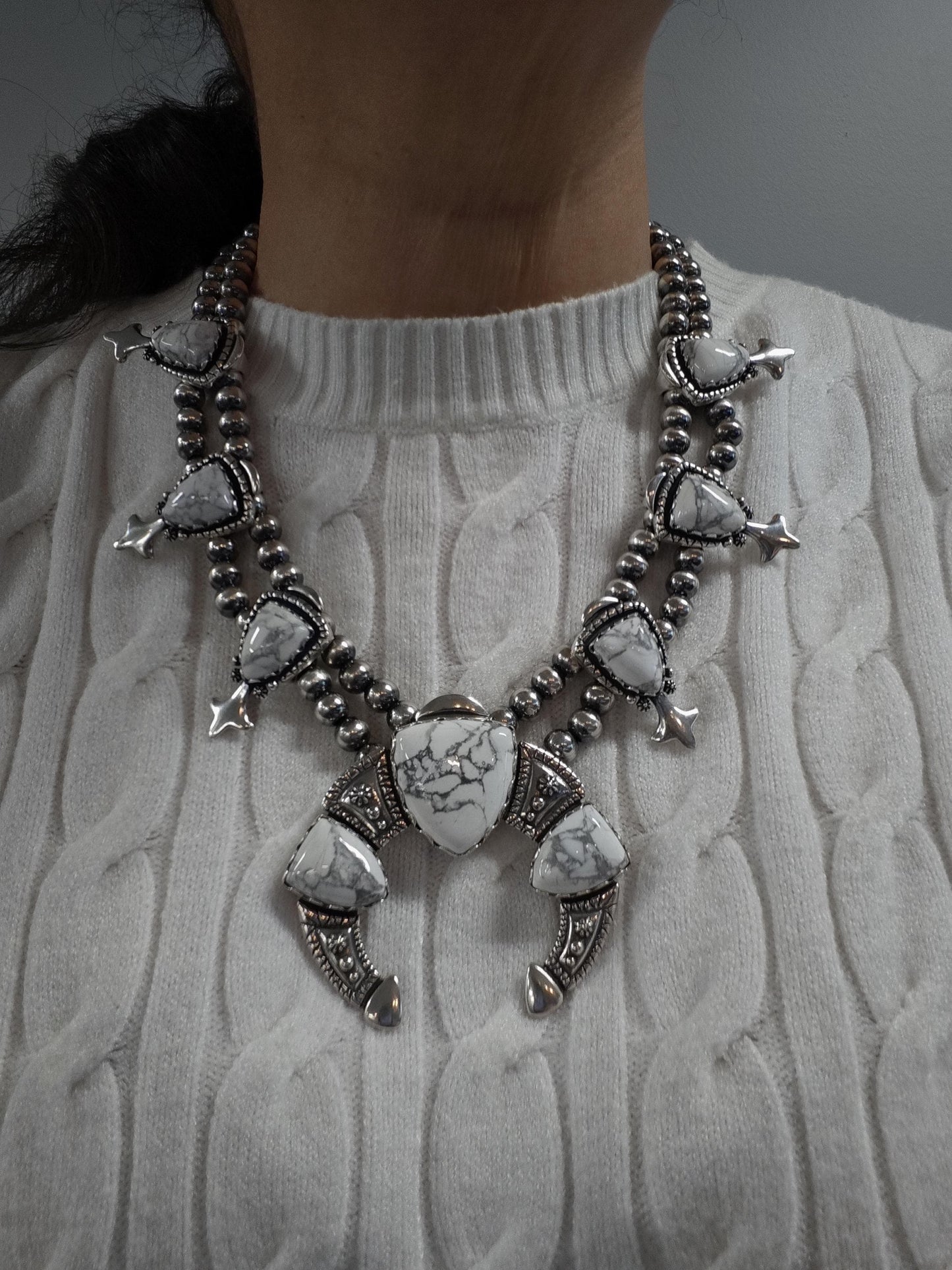 American West, Carolyn Pollack, Howlite Squash Blossom Necklace Sterling Silver