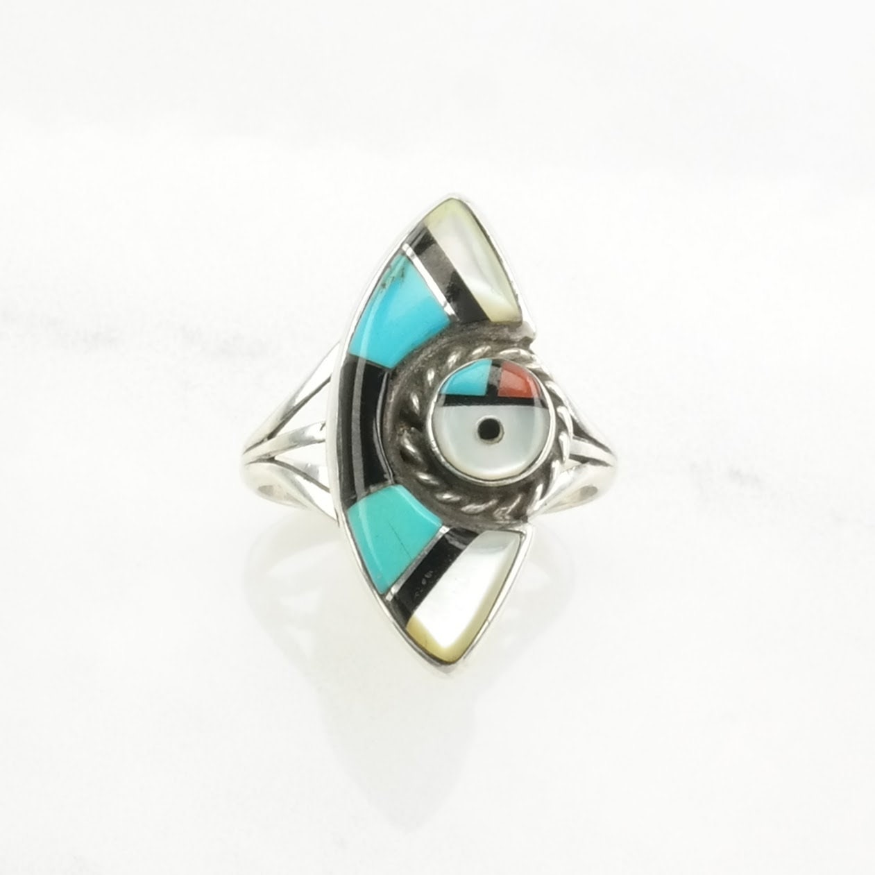 Vintage Zuni Silver Ring Turquoise, Onyx, MOP Inlay Sterling Size 7 1/2