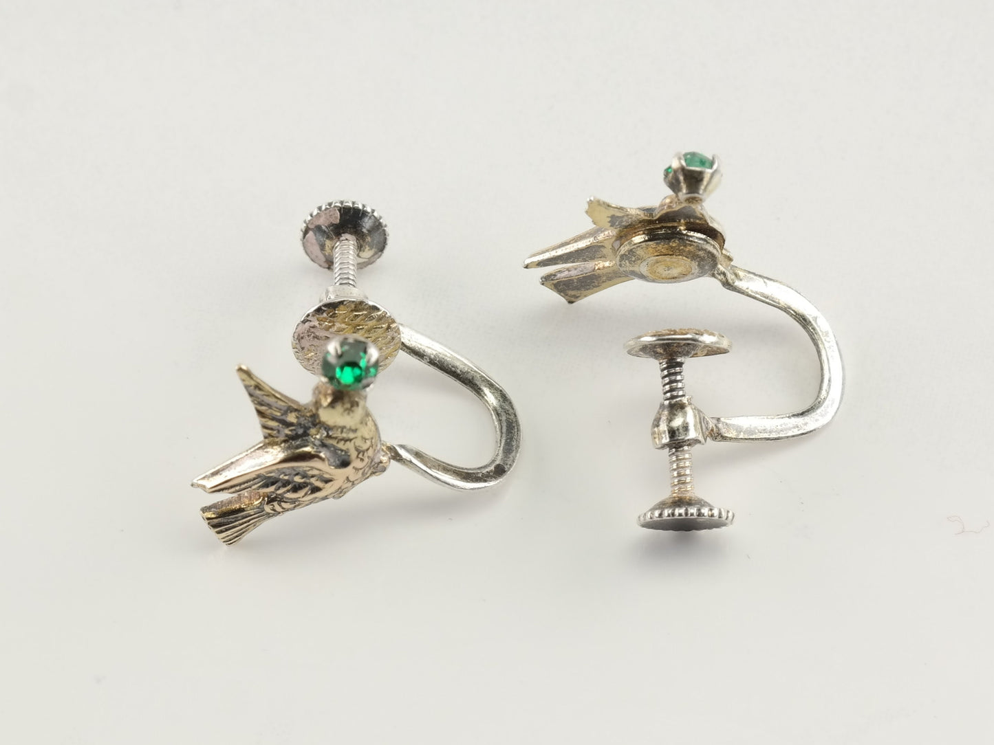 Vintage Sterling Silver Green Rhinestone Bird Earrings Screw Back