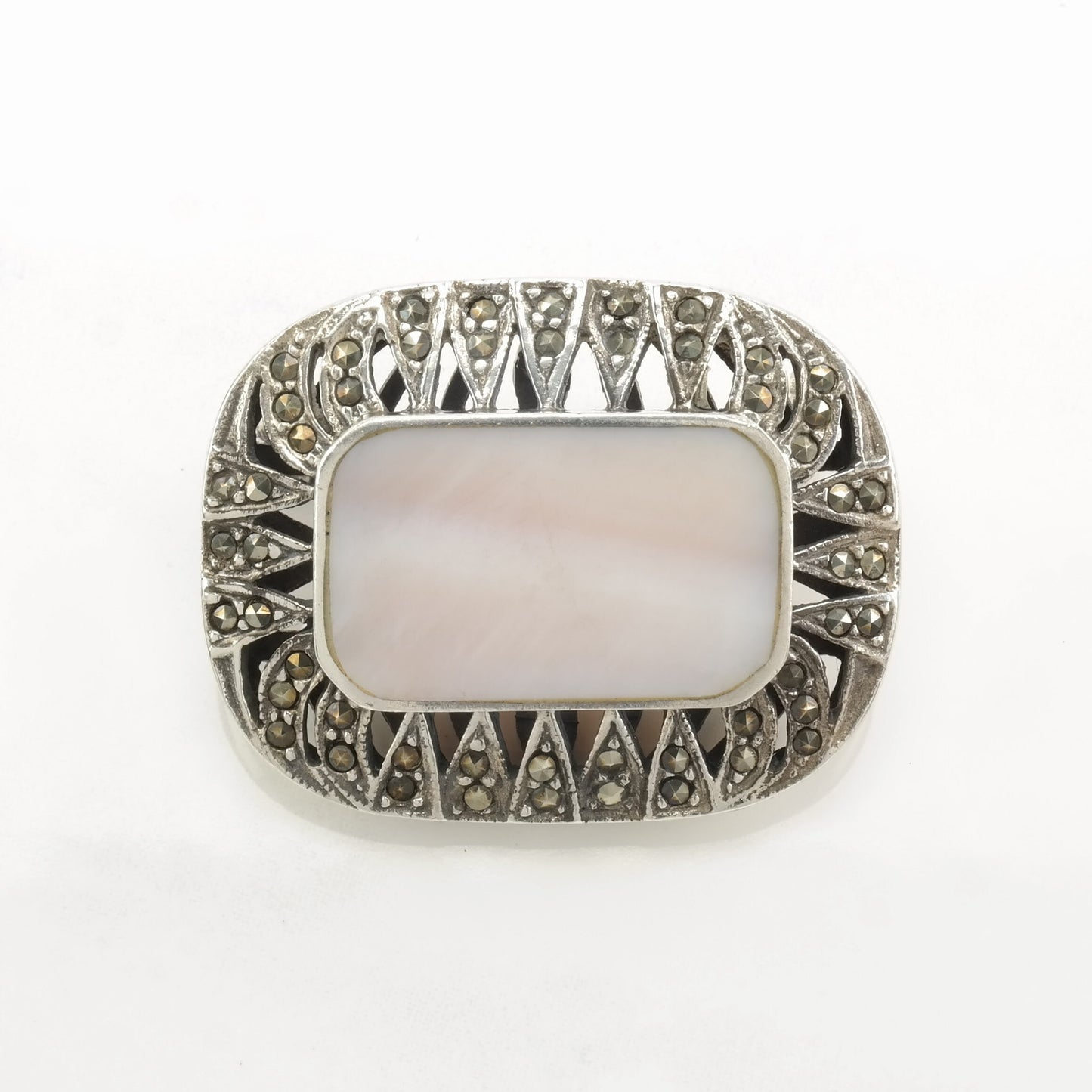 Art Deco Style Sterling Silver Brooch Pink MOP, Marcasite