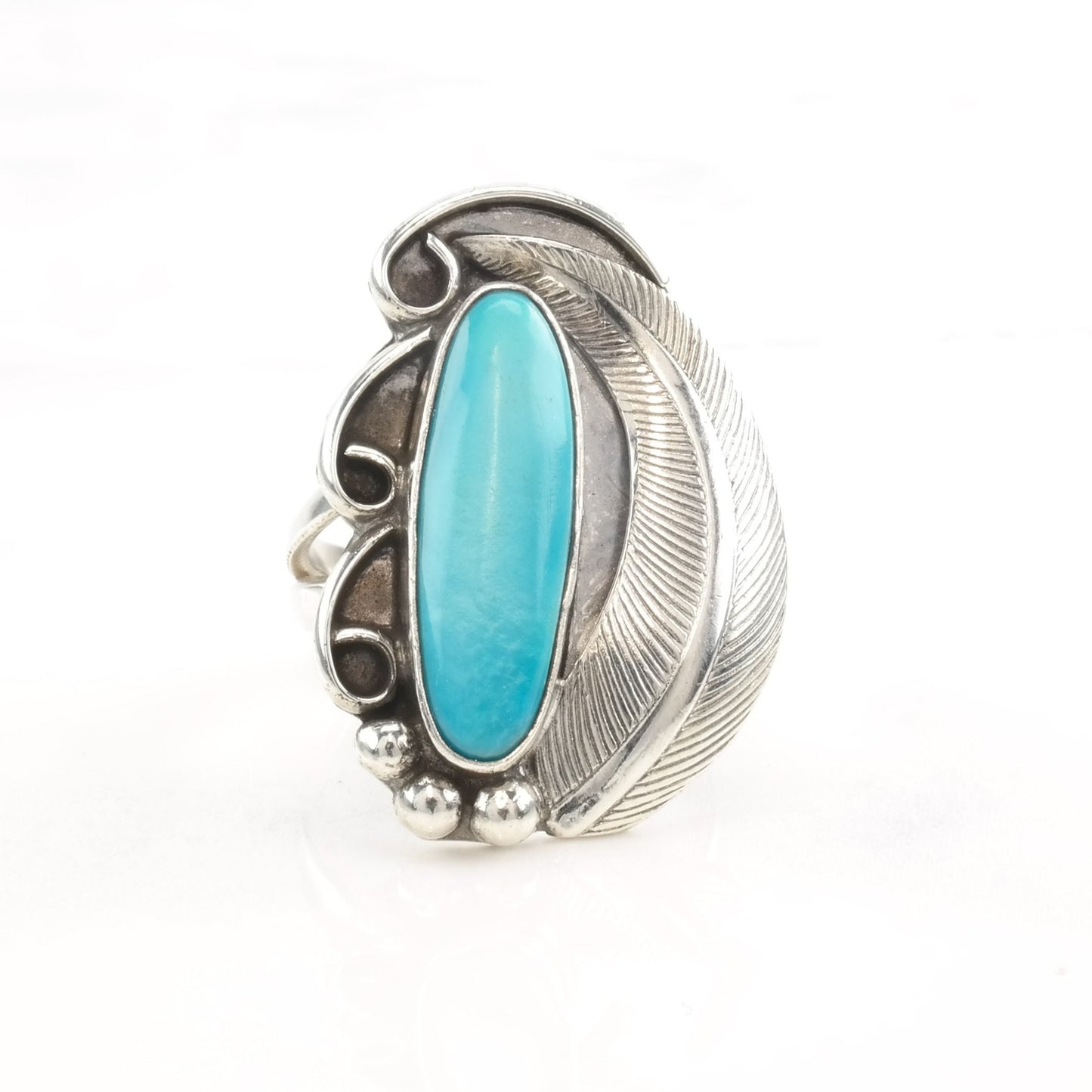 Vintage Native American Silver Ring Turquoise Feather Size 7 1/4
