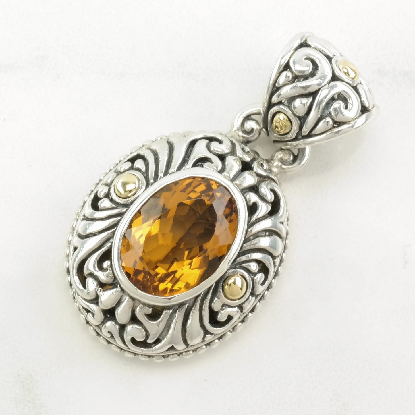 Vintage Citrine, 18K Gold Accent Ornate Sterling Silver Pendant