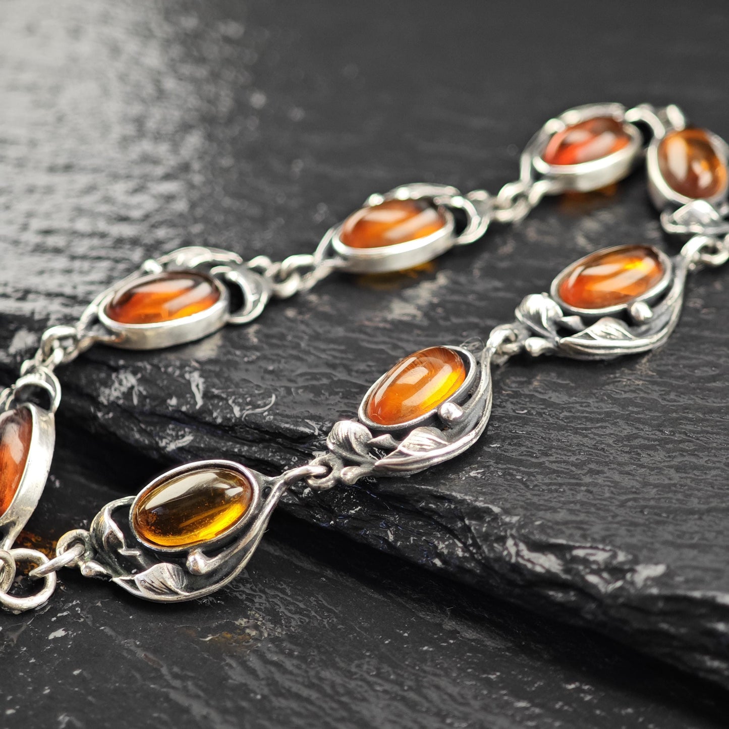 Art Nouveau Style Amber Link Bracelet Sterling Silver