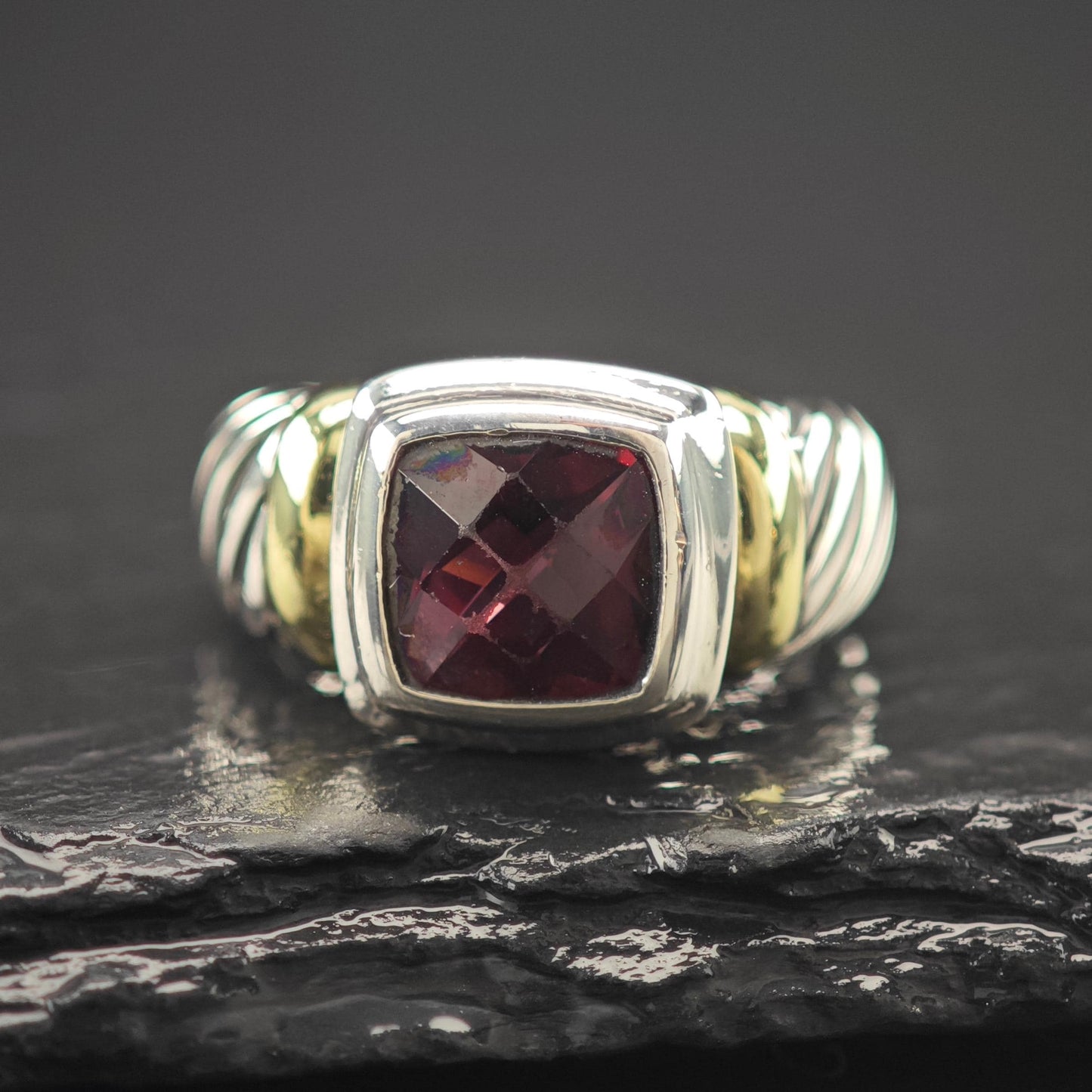 David Yurman Garnet 14K Gold Accent Ring Sterling Silver