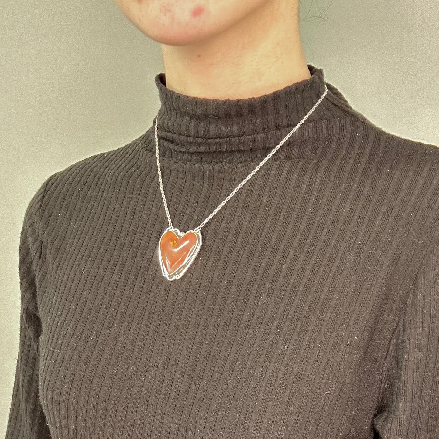 Vintage Sterling Silver Red Agate Heart Necklace Screwback Earring Set