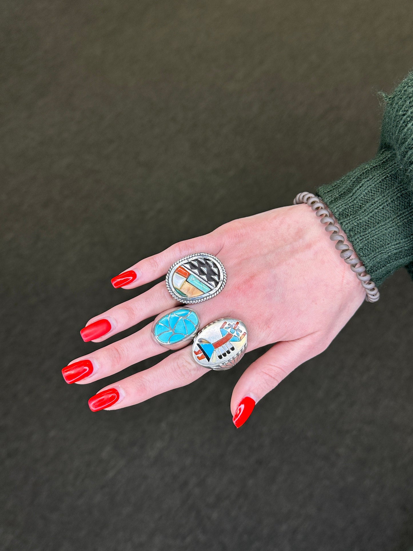 Vintage Zuni Silver Ring Fishscale Inlay Sterling Size 10