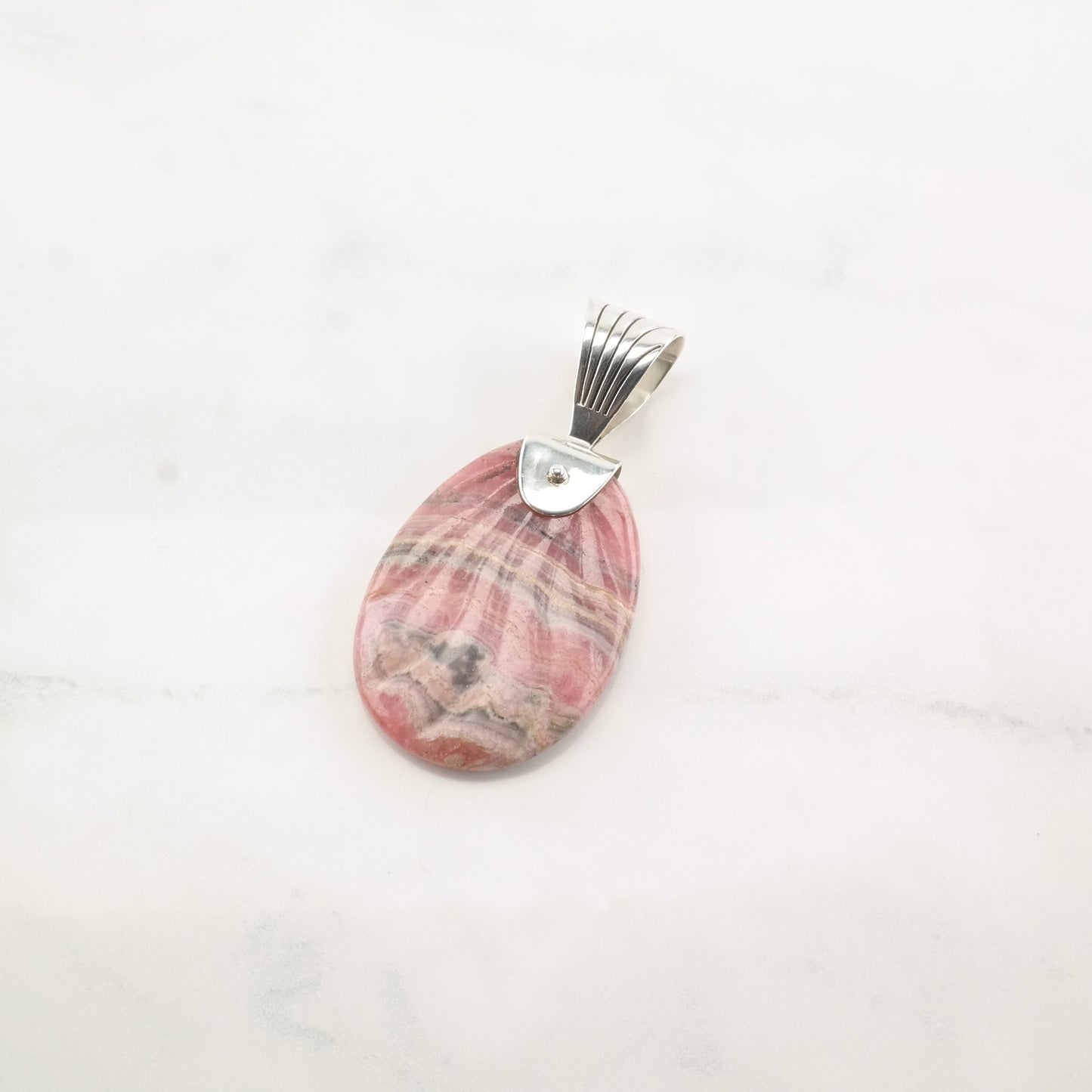 Vintage DTR Rhodochrosite Oval Shell Carved Sterling Silver Pendant