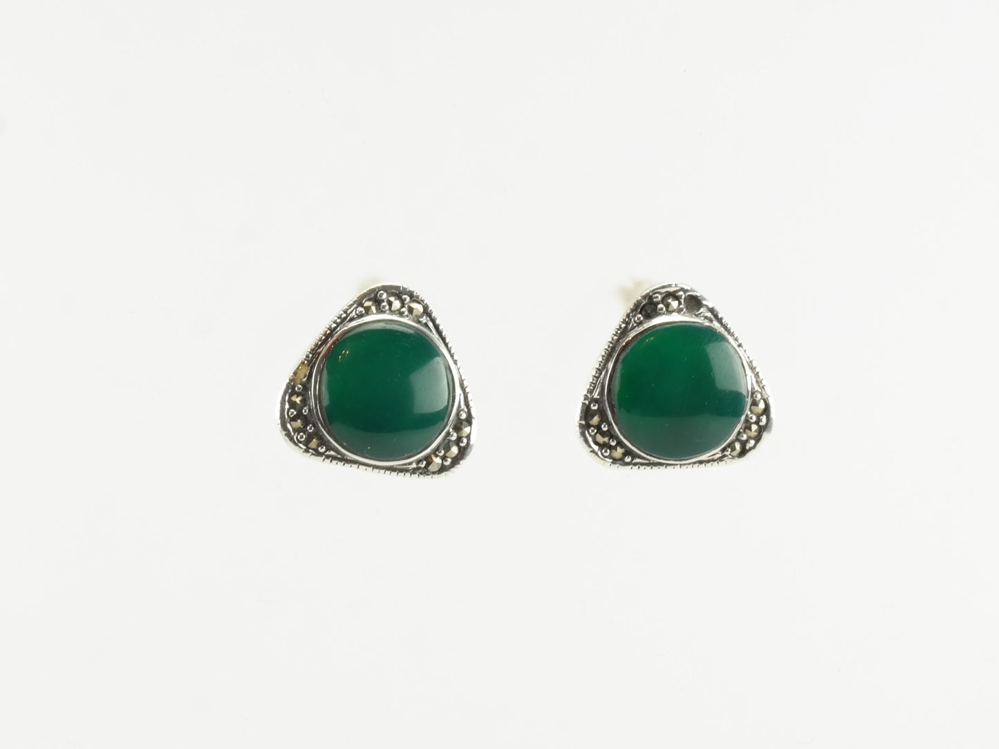 Modernist Green Chrysoprase Marcasite Triangle Earrings Sterling Silver