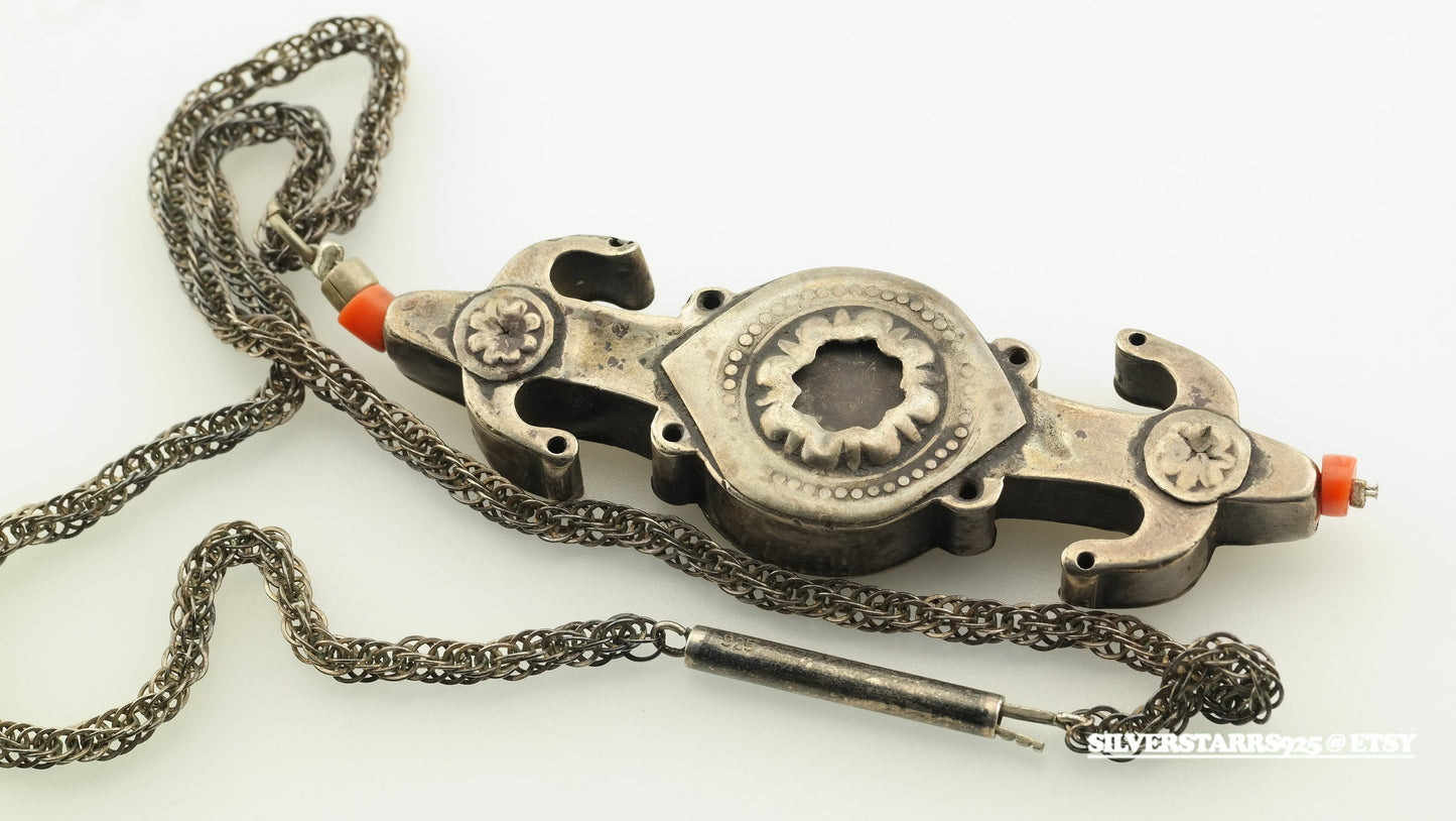 Vintage Ethnographic Sterling Silver Yamod Turkomans Coral Accent Plaque Pendant Necklace