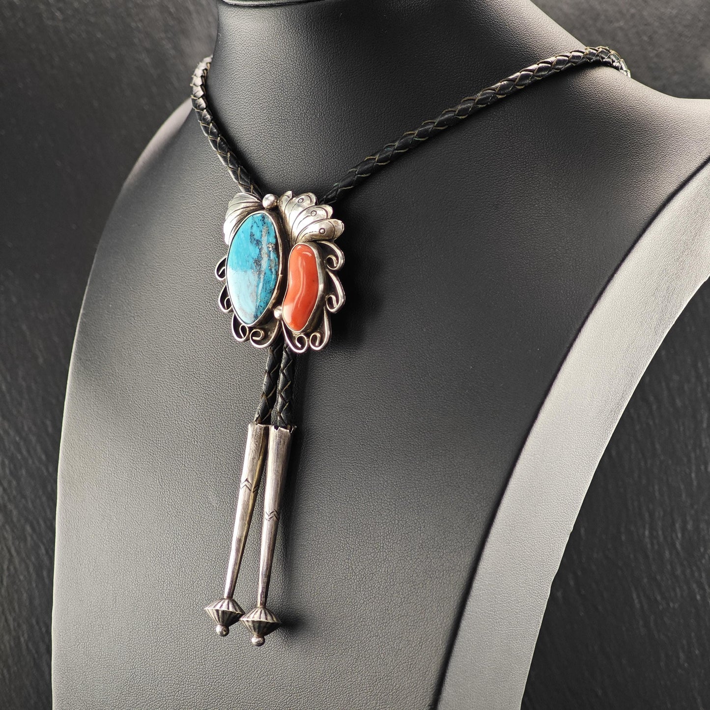 Native American Bolo Tie Necklace with Blue Turquoise, Red Coral Floral Design Sterling Silver