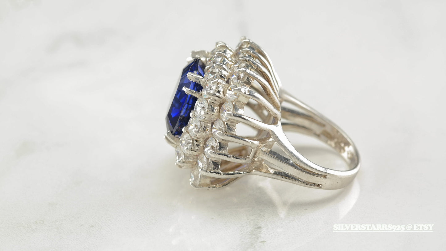Vintage Cocktail Sterling Silver Ring Size 6.5 Blue Sapphire CZ
