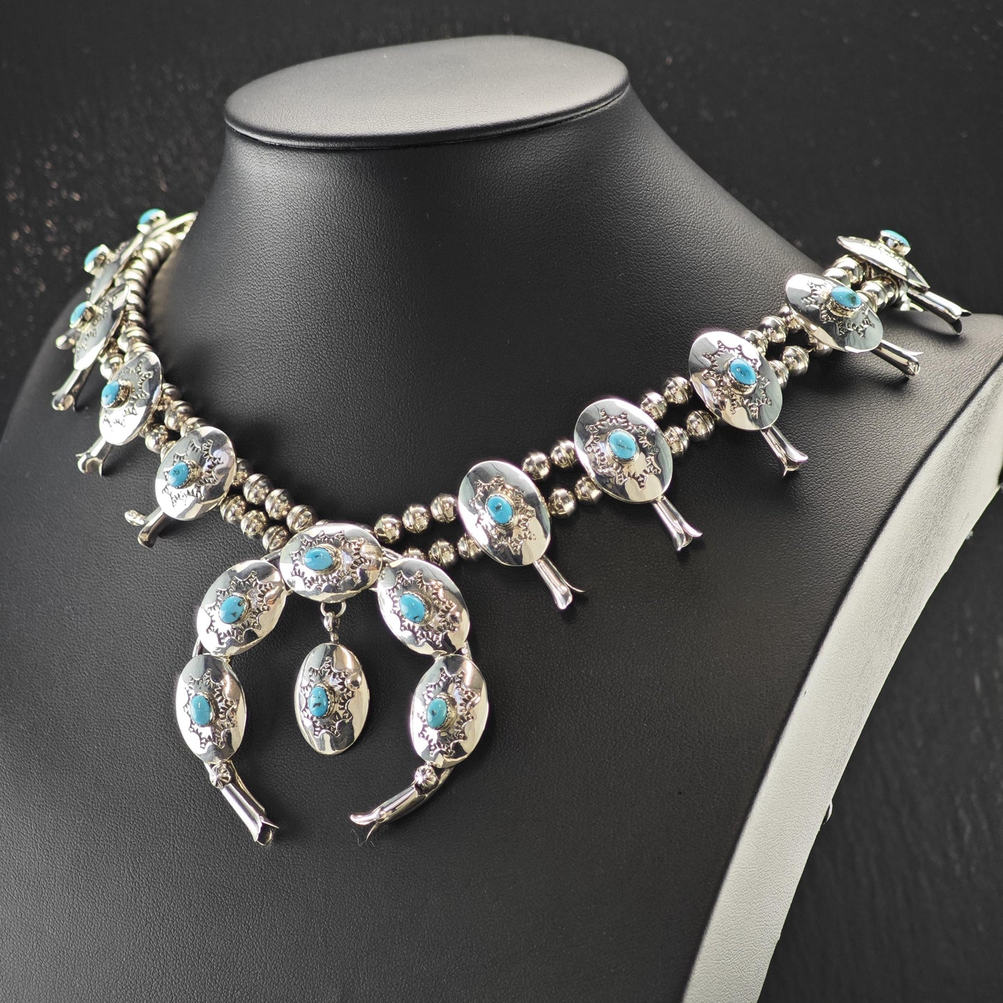 Sw Sterling Blue Turquoise Conchos Squash Blossom Necklace N2594