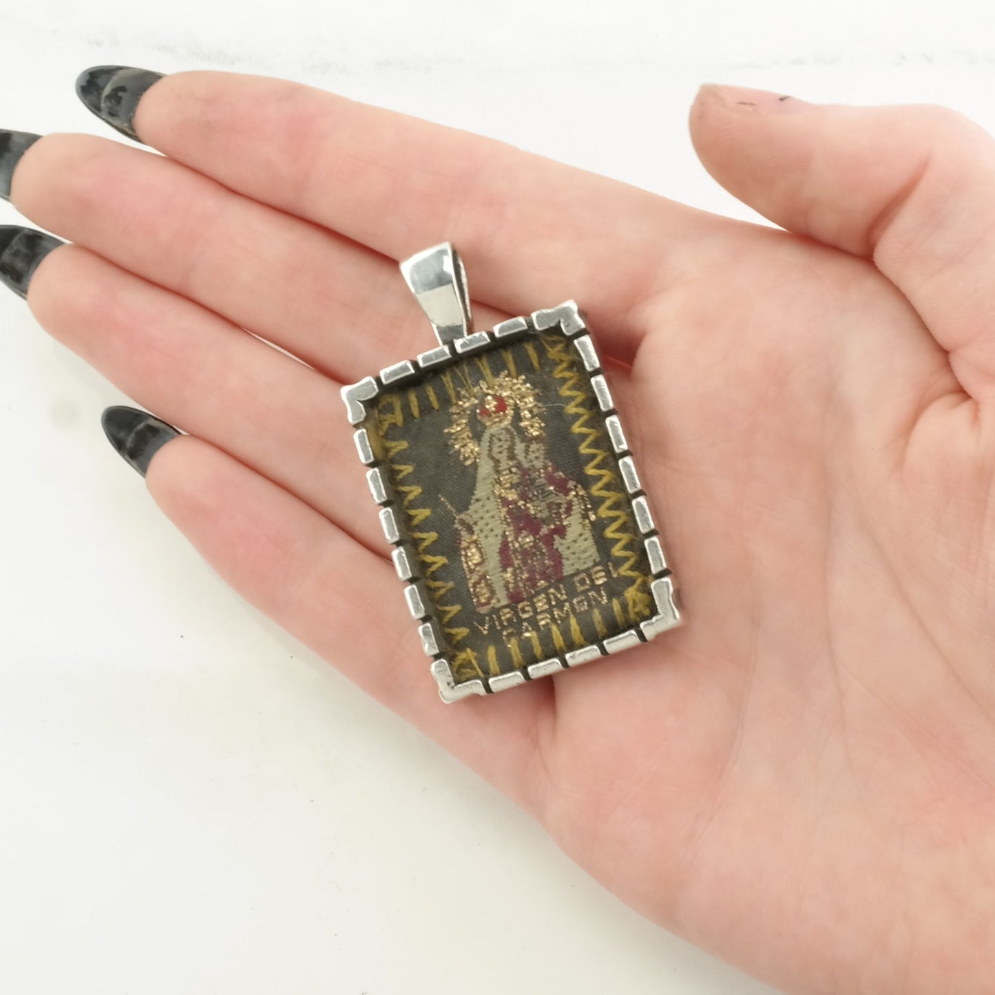 Vintage Embroidery Scapular Sterling Silver Pendant