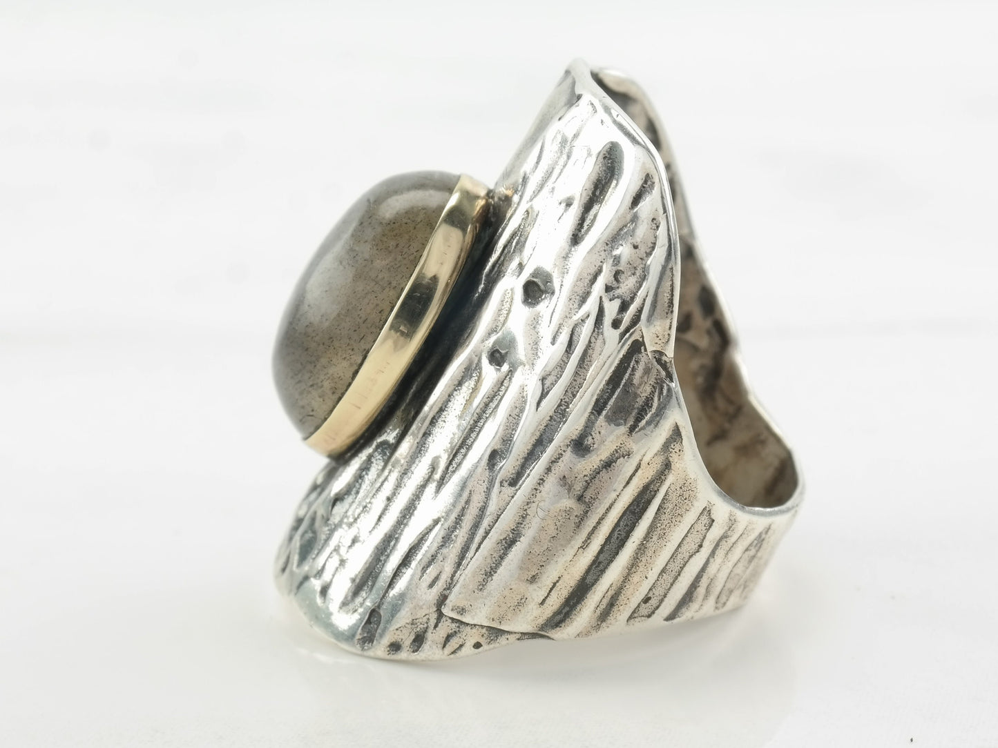 Vintage Modernist Ring Labradorite Textured Band Sterling Silver 7 1/2