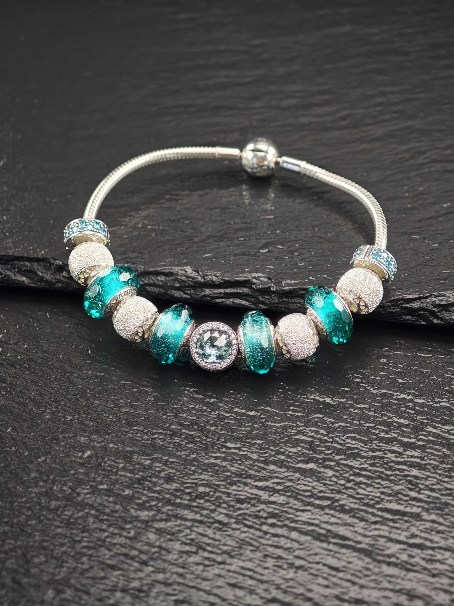 Vintage Pandora Teal 11 Charm Bracelet Murano Sterling Silver