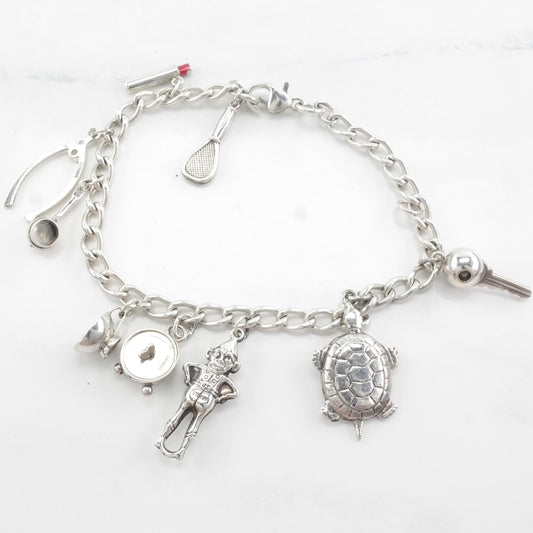 Vintage 9 Charm Sterling Silver Bracelet Animal, Household Items
