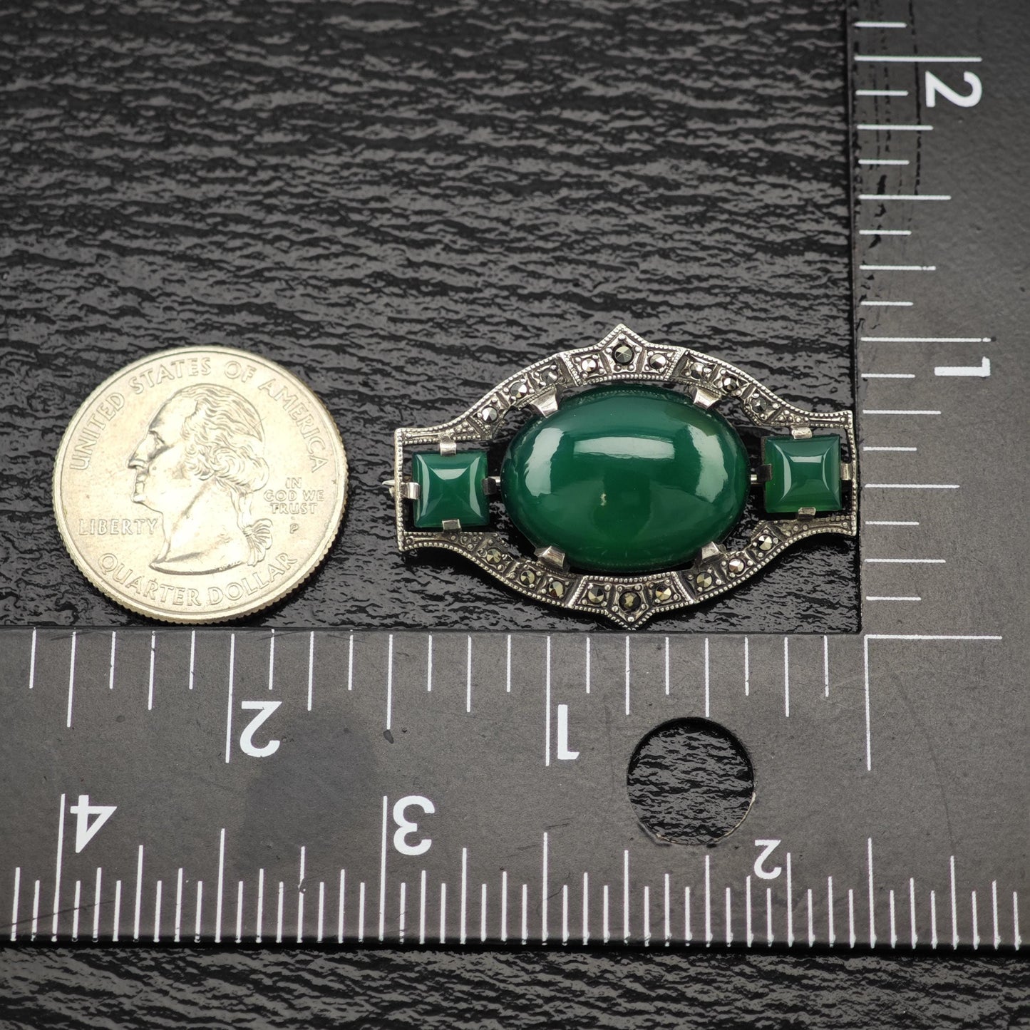 Art Deco Sterling Silver Brooch Oval Green Onyx, Marcasite B2141