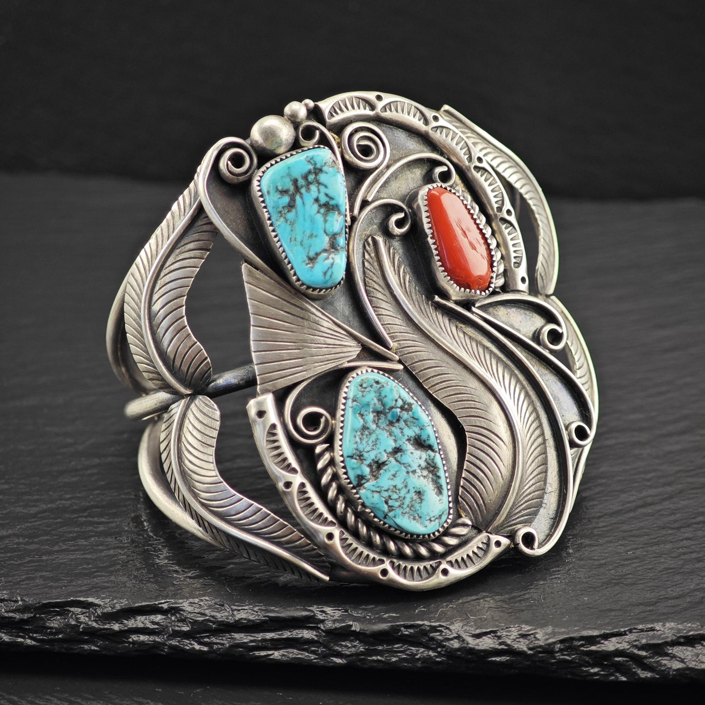 Large Turquoise Coral Cuff Bracelet Native American Sterling Silver
